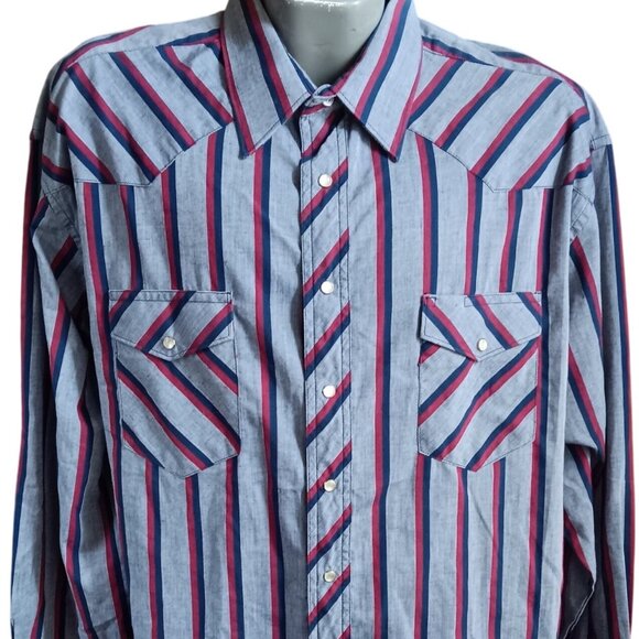 XXL Vintage Wrangler Mens Western Shirt Striped Tall 18x36 Tall Blue/Red/Gray - Picture 1 of 5
